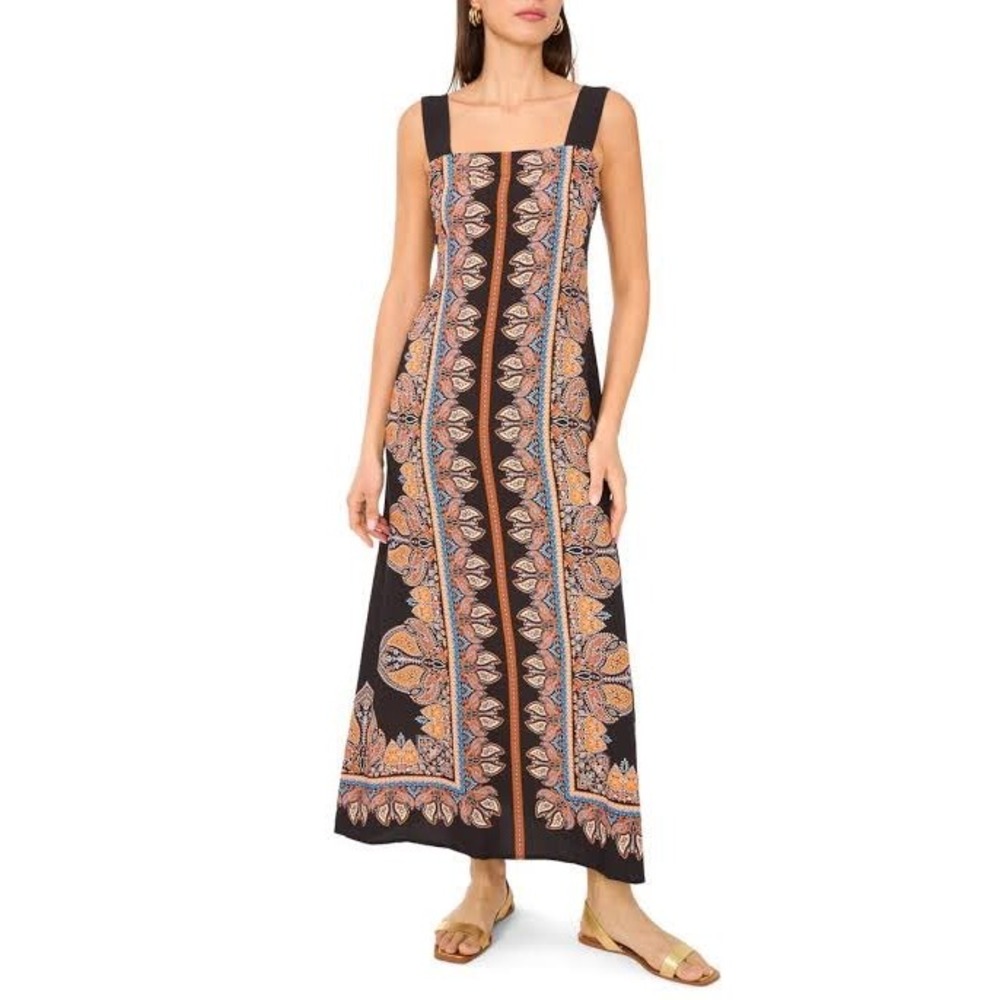 Vince Camuto Womens XS Paisley Scarf Print Square Neck Smocked Back Maxi‎ Dress